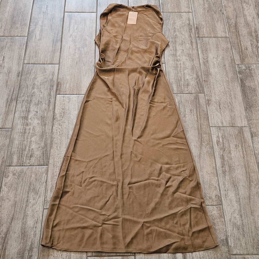RIHOAS Satin Maxi Dress Size L Bronze NEW Ruched Sleeveless Boat Neck Formal